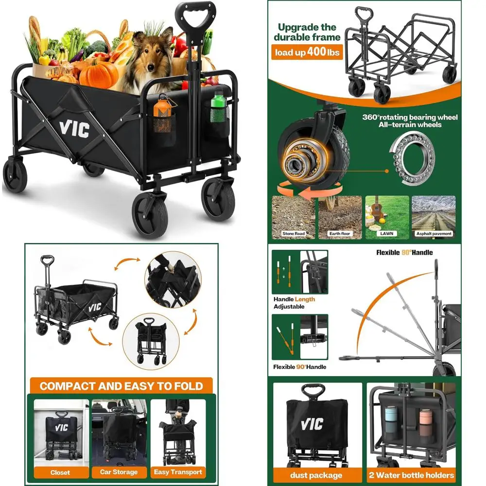 

Сверхмощный складной пляжный фургон емкостью 600 фунтов с вездеходными колесами, тормозами и боковыми карманами для садовых тележек