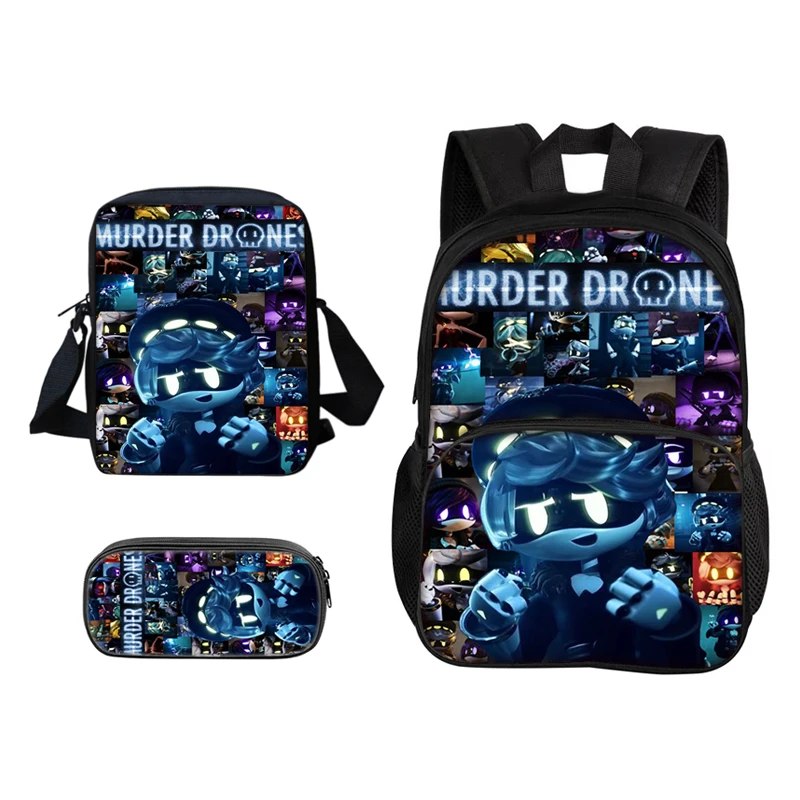 Murder Drones Round Front Bag Backpack Pen Bag Shoulder Bag 3Pcs Set Versatile Cartoon Boy and Girl School Birthday Best Gift