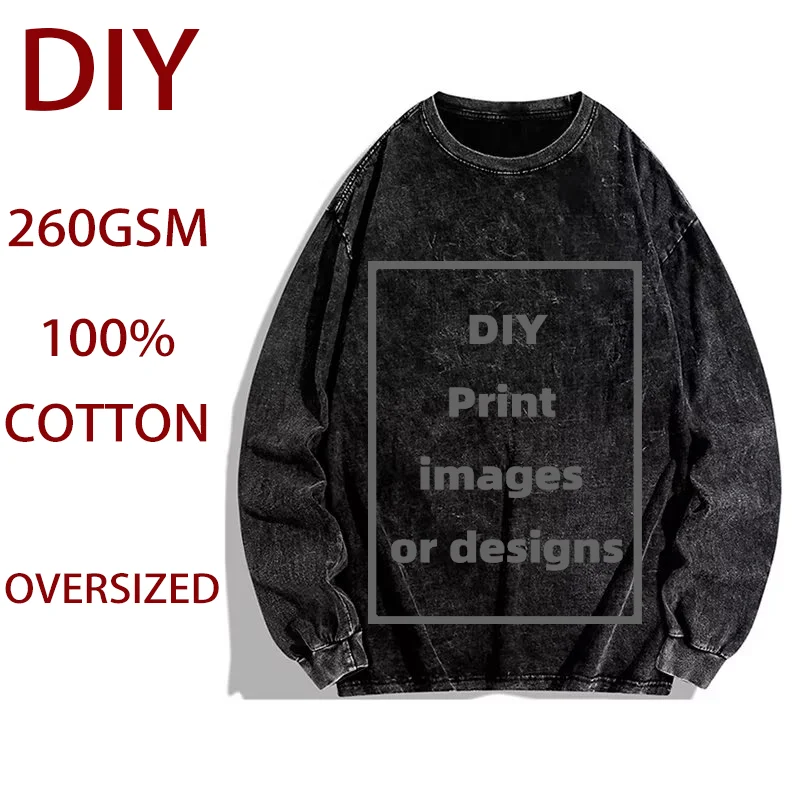 DIY Washing Distressed 260GSM Cotton T-shirts Heavy Long Sleeves Tees Custom Images Print Logo Personalized Clothes Hip Hop Tops