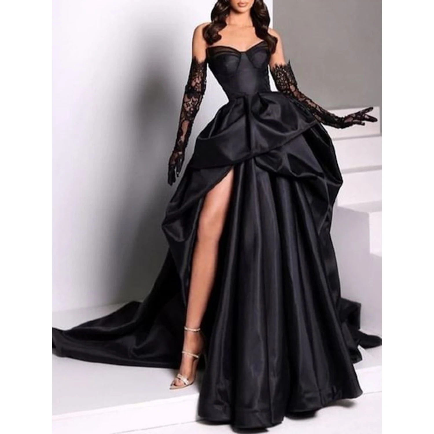 Black Sweetheart Satin Sleeveless Ball Gowns Gold Dress Women Elegant Party Robe Soiree De Luxe customized Long Dresses Evening