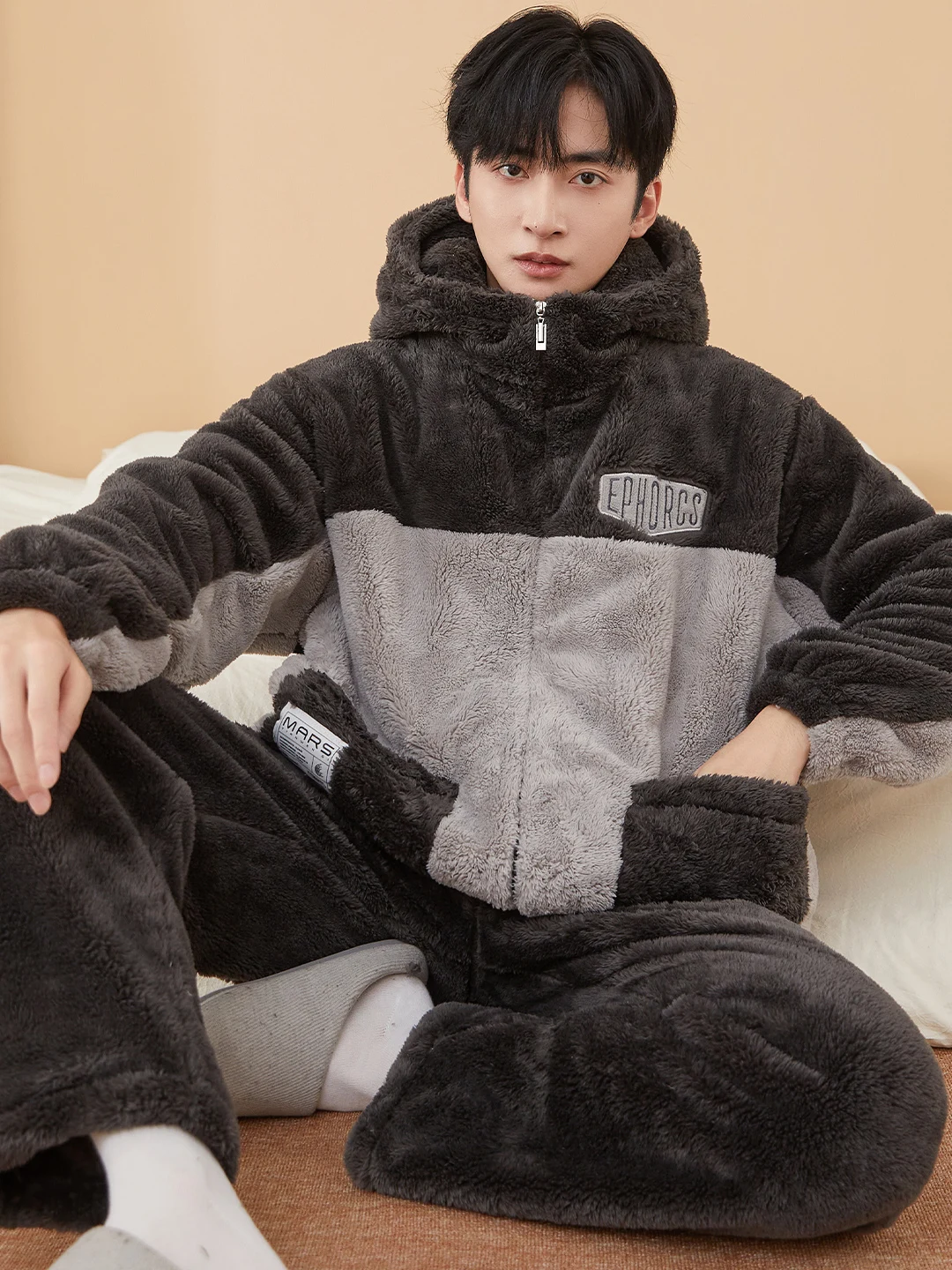 DAIMELU بيجامة بأكمام طويلة للرجال من الصوف المرجاني الحراري وسحاب كبير الحجم من الصوف السميك طقم ملابس نوم فضفاضة #6