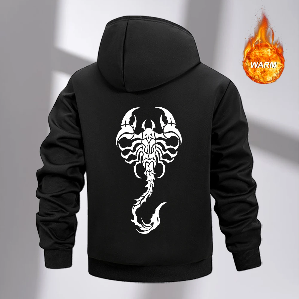 Men's Thick Zipper Hoodies With Scorpion Print Warm And Casual Sweatshirt Autumn And Winter Outdoor Fitness Commute Sportswear