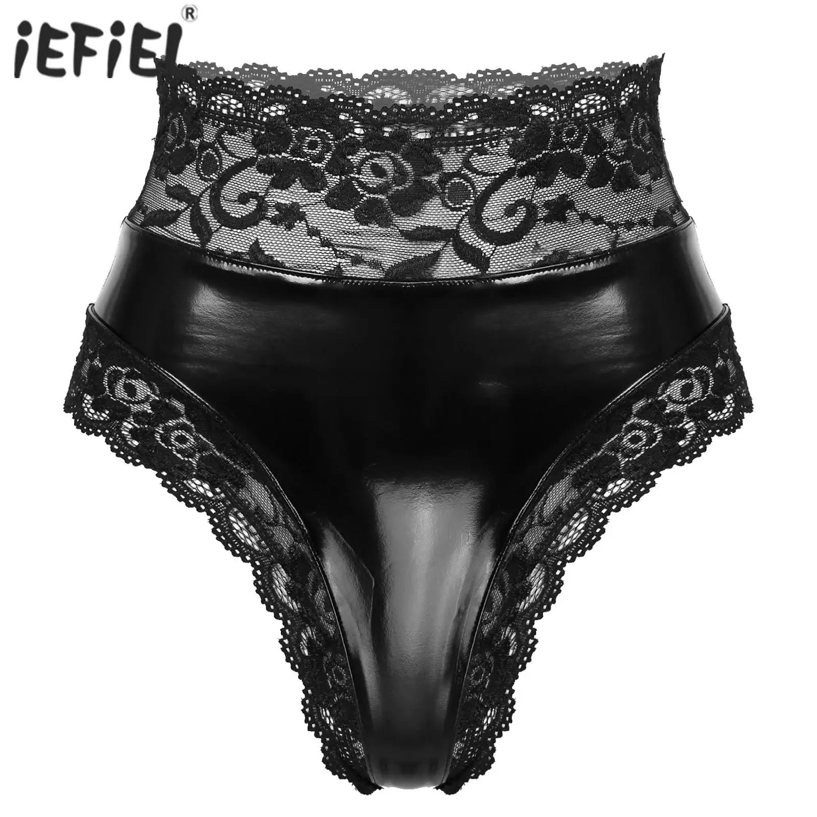 Women Ladies Sexy Lingerie Panties High Waist Underpants Wetlook Leather Latex PVC Briefs Shorts Knickers Lace-up Back Underwear