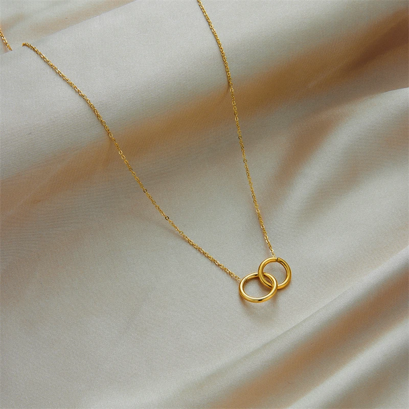 XIYANIKE 316L Stainless Steel Female Necklace Elegant Gold Color Two Link Circle Pendant Women Necklace Drop Shipping Wholesale