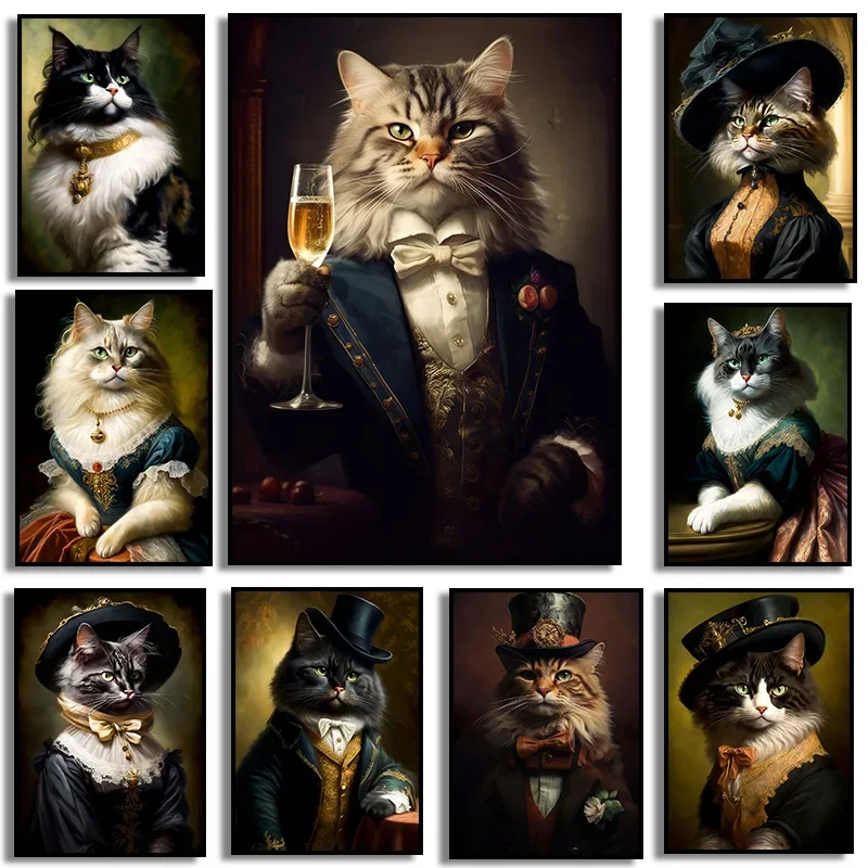 Renaissance European Aristocracy Black Cat White Cat Drinking Beer Poster Print on Canvas Wall Art Painting Room Home Decoration