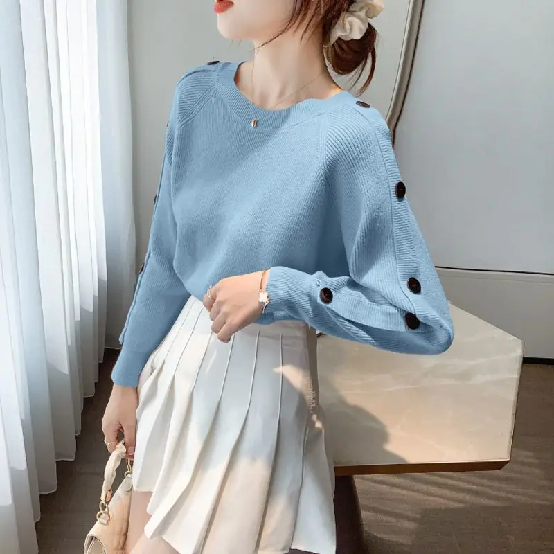 Pink Colour Knitting Pullover Long Sleeve Sweet Preppy Style O-Neck Batwing Sleeve Black Button Lazy Wind Sweaters Women Wild