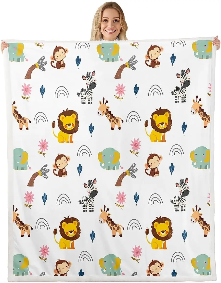 Cartoon Animal Blanket Lion Fleece Blanket,Giraffe Elephant Throw Blanket,Monkey Zebra Bed Blanket Rainbow Floral Sketch Cute