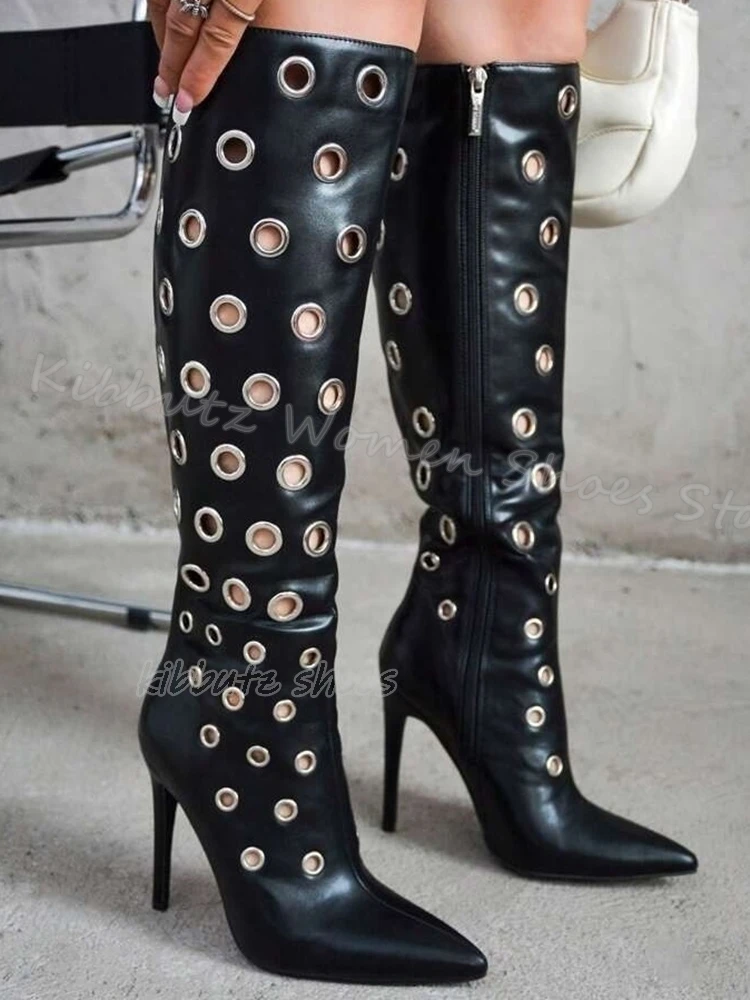 

Hollow Knee High Boots Leather Solid Color Fashion Concise Sexy Elegant Novelty Luxury Women Shoes New Pointy Thin Heel Slip-On