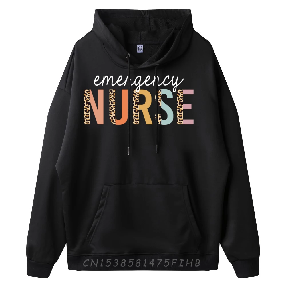 Emergency Nurse Leopard Print ER Nurse Nursing School Black Graphic Sweatshirts Oversized Hoodies Men Vegan