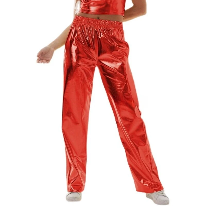 Shiny Long Pants High Waist Loose Straight Leg Elastic Waist Solid Color Casual Trousers Street Style Hip Hop Dance Wear Trendy