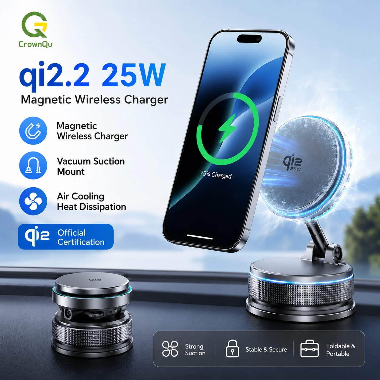 Беспроводное зарядное устройство Qi2.2 25W с магнитным креплением для телефона в автомобиль, 360° °   Вращающаяся подставка для быстрой зарядки iPhone 17, 16, 15 Pro Max