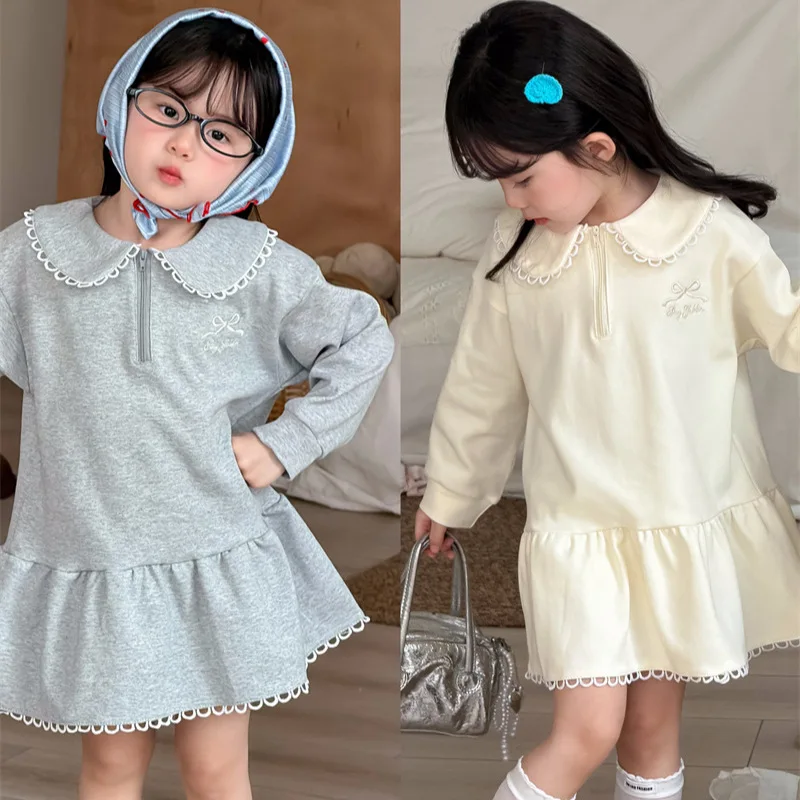 

Spring New Children 2026 Korean College Style Embroidered Dress Girls Baby Turn-down Collar Hoodie Dress