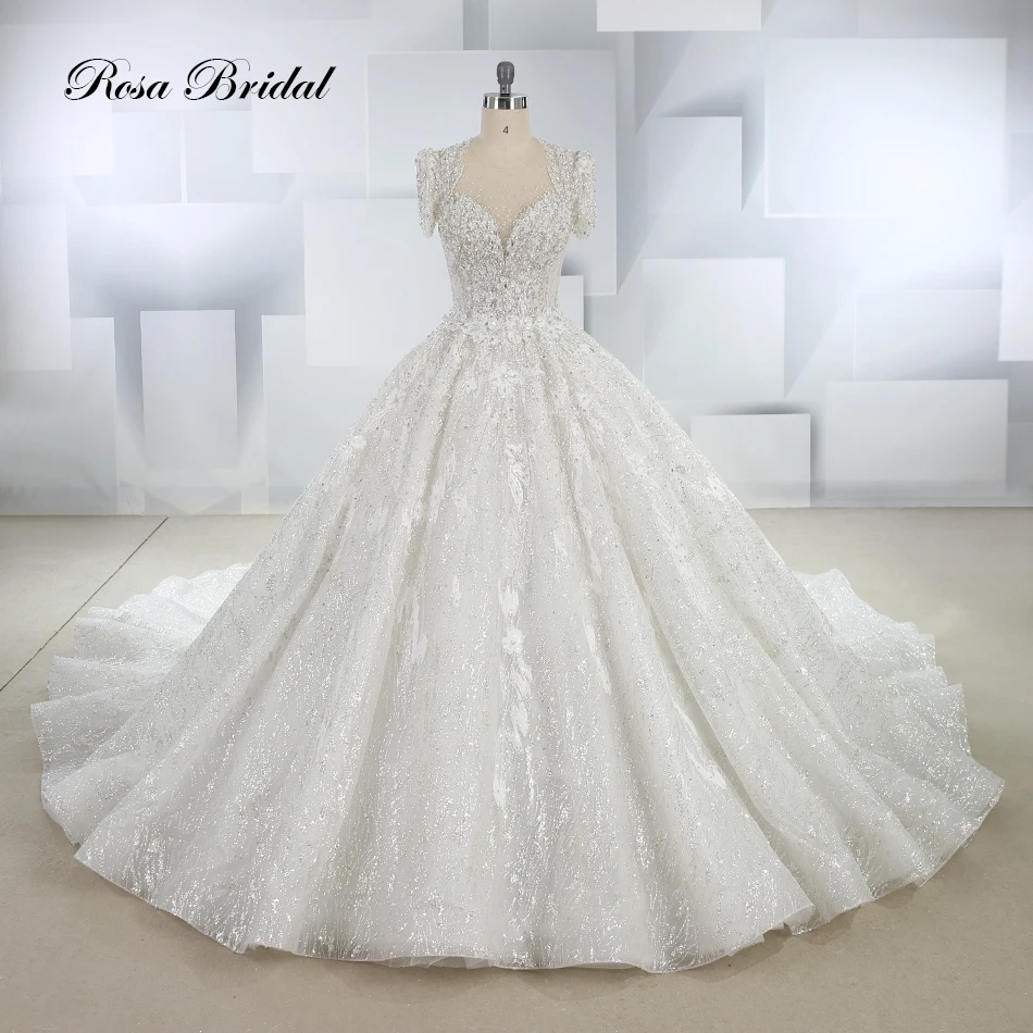 

Illusion Vest Short Sleeve V-neck Lace Applique Beaded Wedding Dress