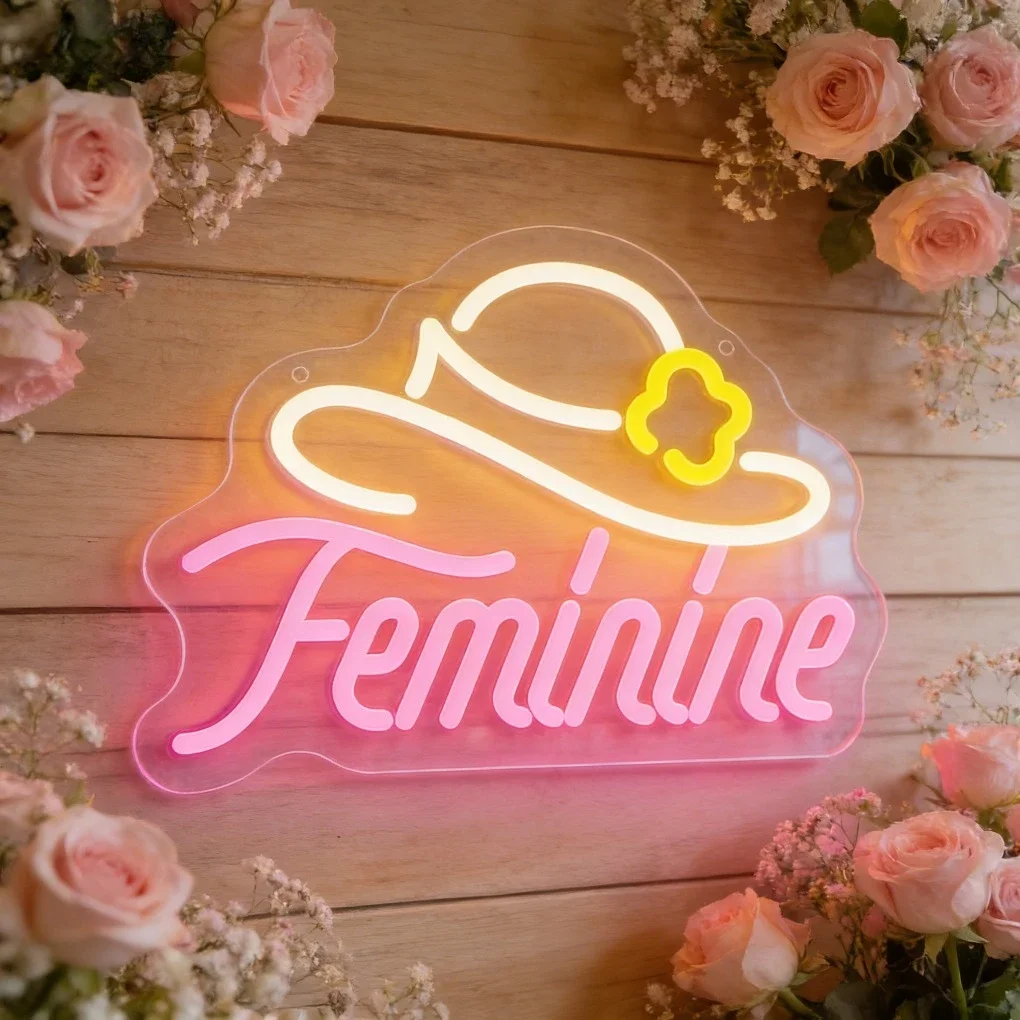 Feminine LED Neon Sign with Flower Hat for Bedroom Living Room Home Decor Women’s Day Gift Romantic Wall Art Lighting