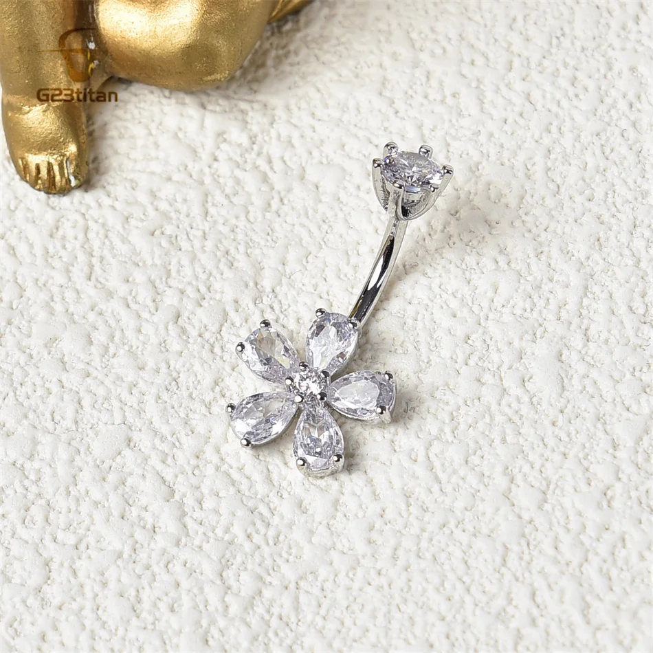 G23titan White Zircon Flower Titanium or Steel Belly Button Ring 1.6mm 14G Curved Barbell Navel Bar Piercing Women Body Jewelry image 3