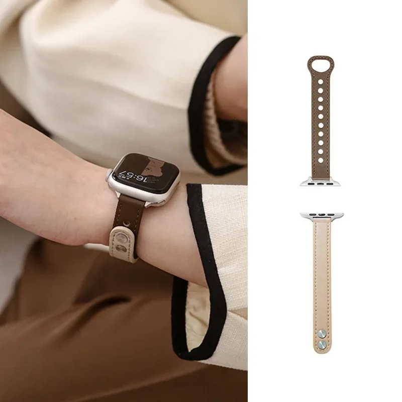 Тонкий кожаный ремешок для Apple Watch Band 44 мм 45 46 38 40 41 42 49 мм Женский браслет correa iWatch Series 10 9 8 7 se 6 5 4 Ultra2
