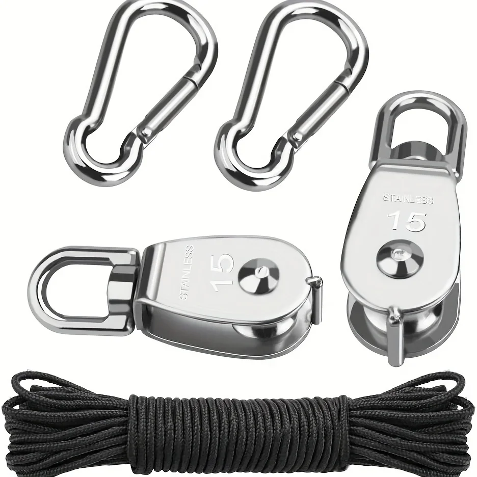 

1set Ratchet Hanger Rope For Plants Lamp Pulley Adjuster For Outdoor Tent Canopy 2 M15 Stainless Steel Pulley 2 M6*60 Spring