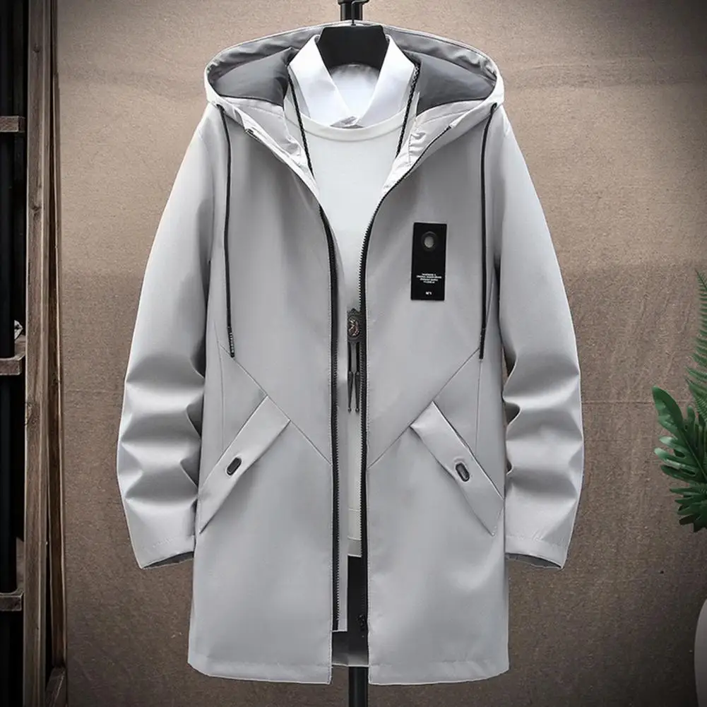 

Spring Autumn Men Windbreaker Solid Color Loose Drawstring Men Overcoat Hooded Long Jacket Outwear Streetwear