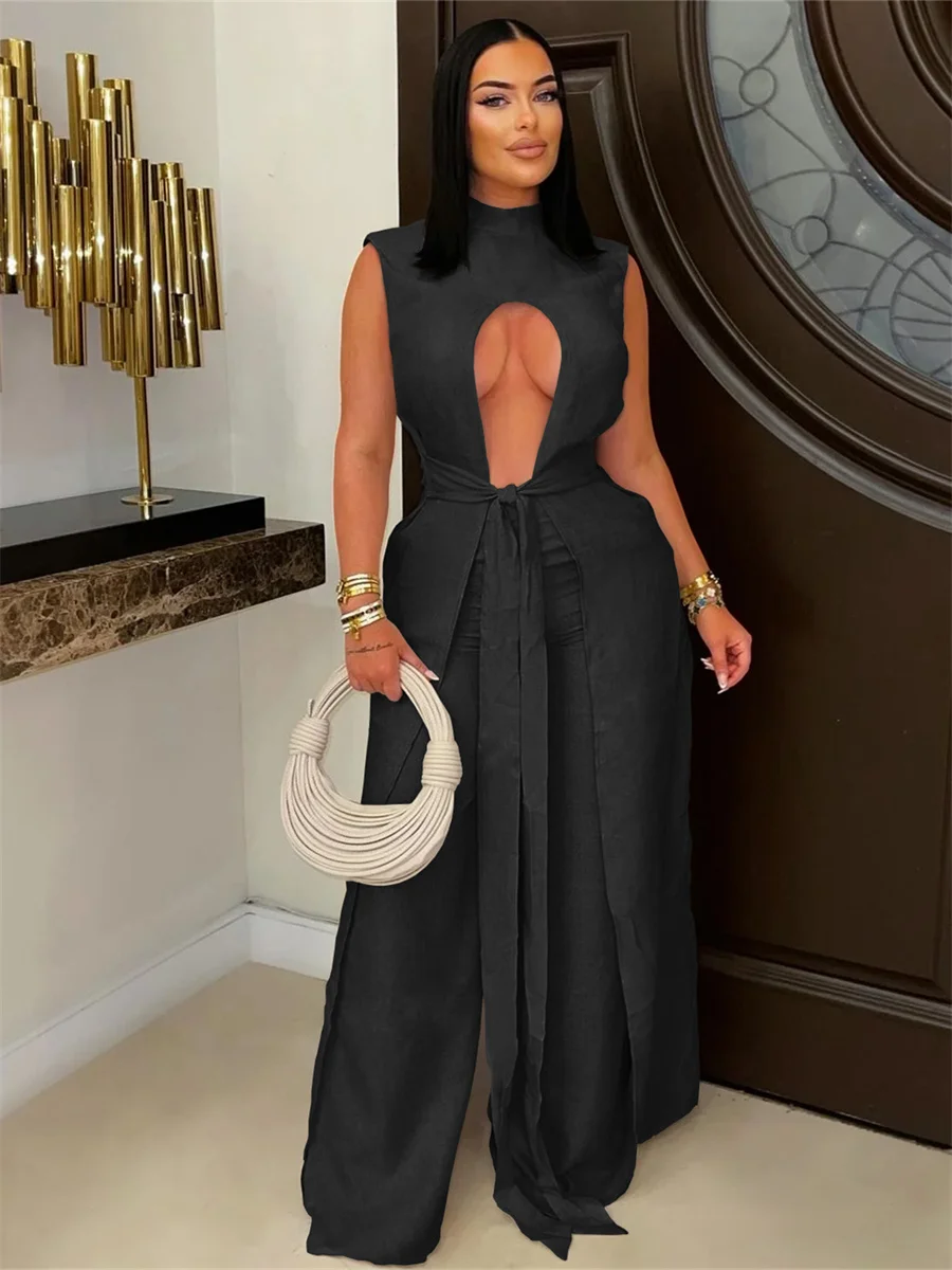 

Kliou High Street Style 2 Piece Set Woman Hollow Turtleneck Bandage Sleeveless Tops+Solid Straight Pants Casual Fashion Outfits