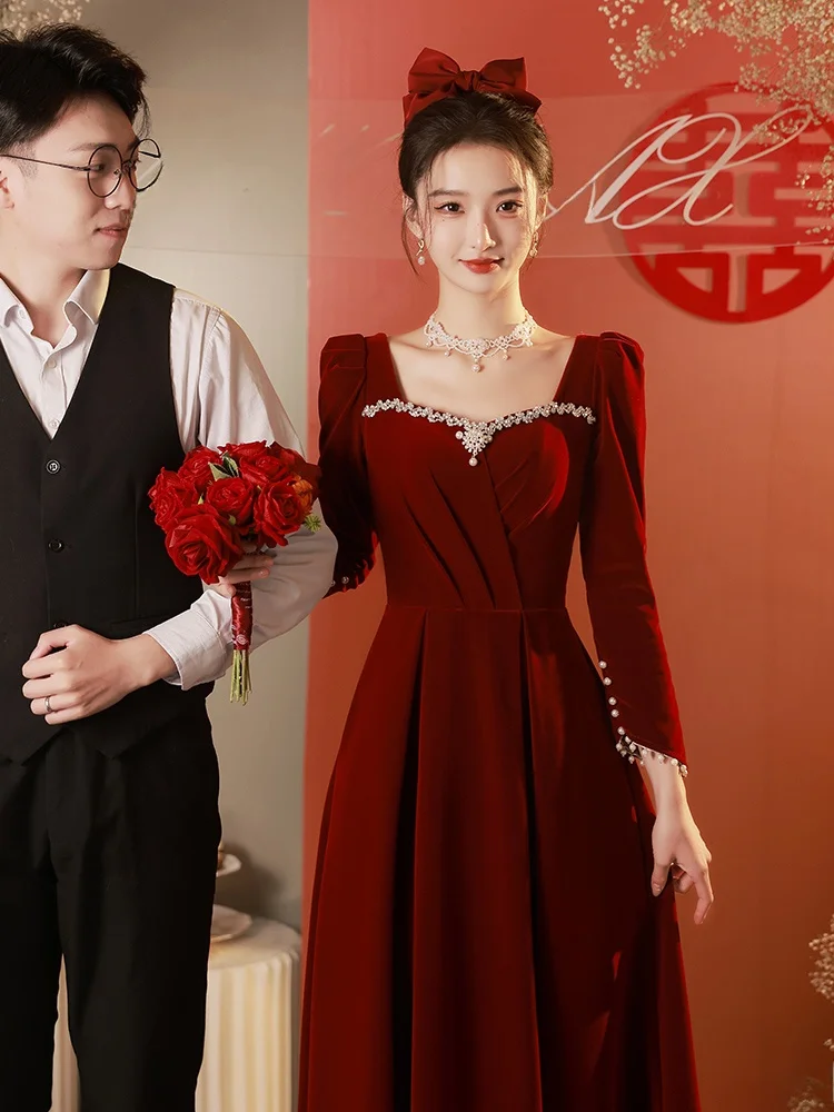 

Элегантное длинное свадебное платье для невесты на помолвку, церемонию возвращения домой, осенне-зимняя коллекция, новинка, роскошное матовое платье