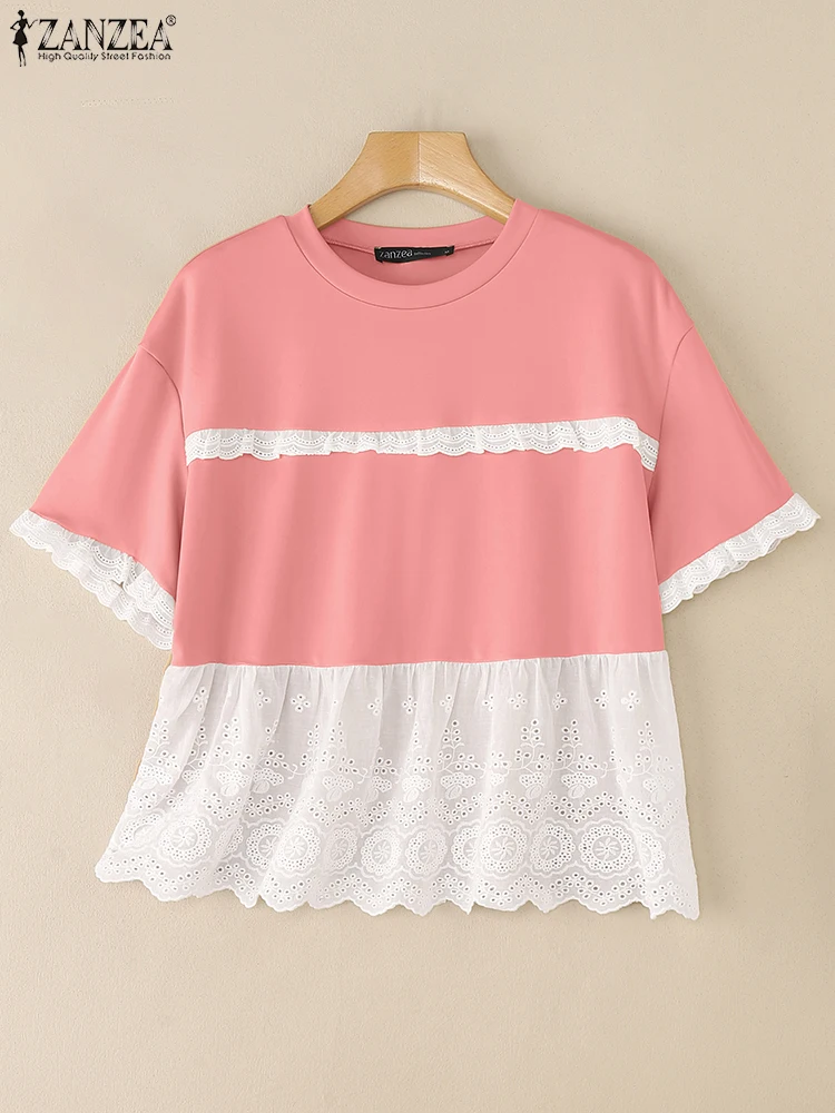 ZANZEA Vrouwen Koreaanse T-shirts Zomer Kant Tees 2025 Mode Korte Mouw O-hals Patchwork Casual T-shirts Losse Oversized Shirts