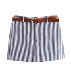 Tangada 2024 Women Striped Print Skirt Shorts With Belt High Waist Female Mini Shorts 6X0386