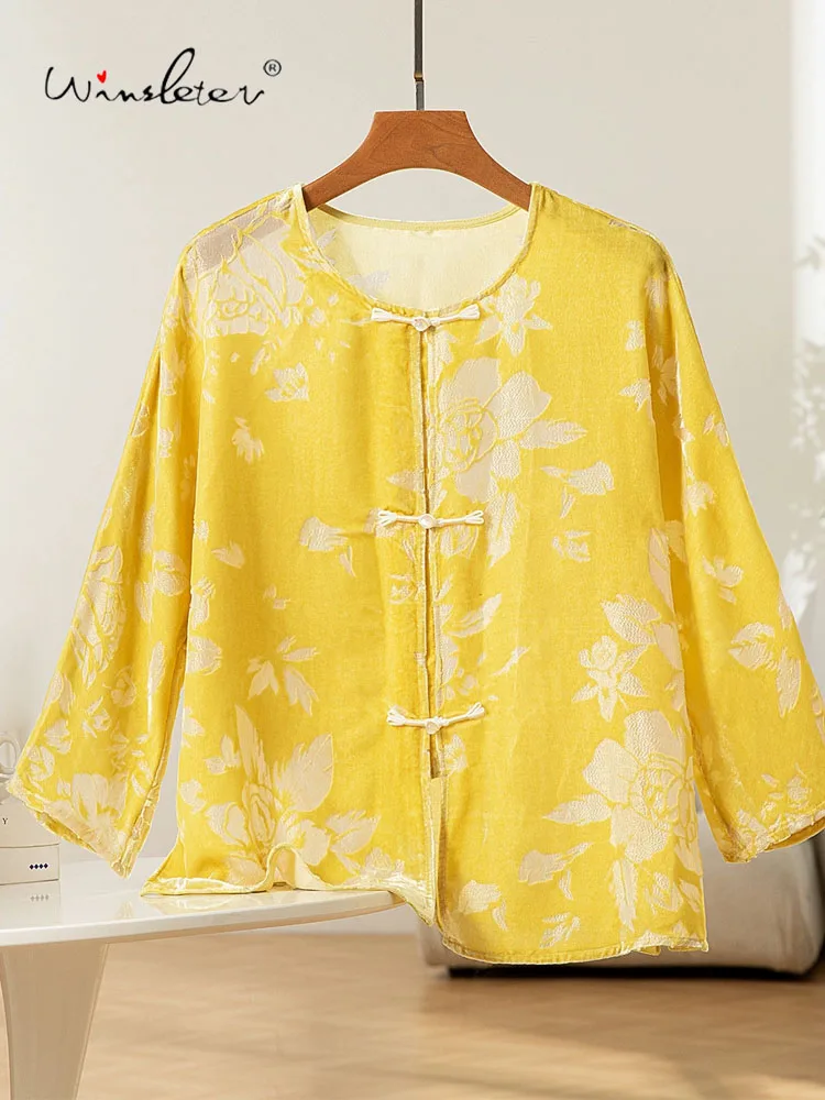 

Winsleter-62,6% Шелковая элегантная бархатная рубашка, с круглым вырезом и длинным рукавом с цветочным принтом, женская универсальная свободная блузка в стиле ретро, осень 2023 г. T5N241CC