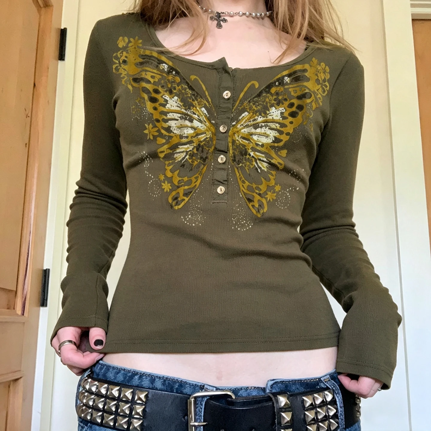 [RUOKE]Y2K Vintage Butterfly Graphic Top Women Button Front Scoop Neck Slim Long Sleeve T-shirt Spring Fall Streetwear Halloween