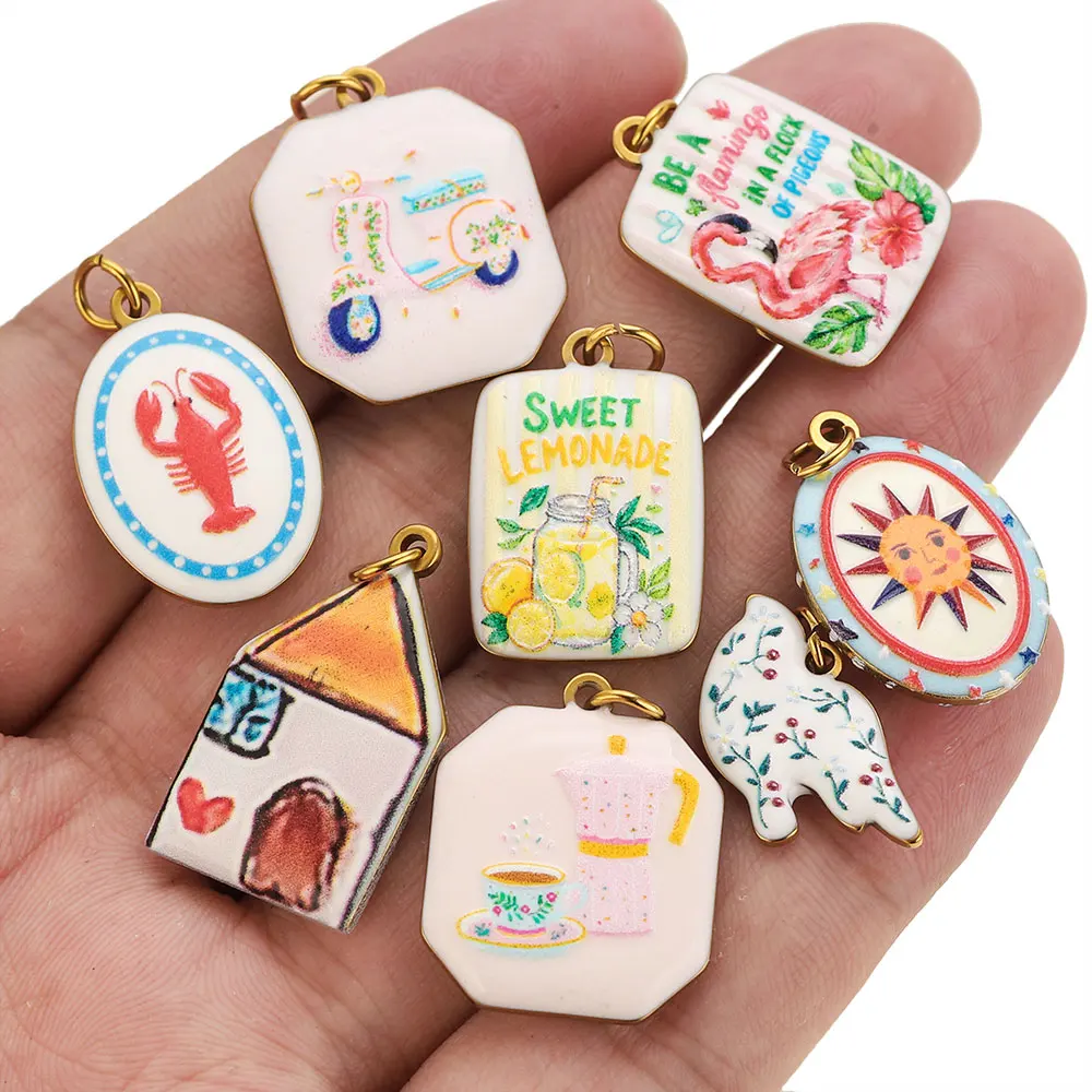 2 Pcs  Double-Sided Enamel Stainless Steel Charms Hand Painted House Square Pendant for Women DIY Necklace Jewelry Accessories