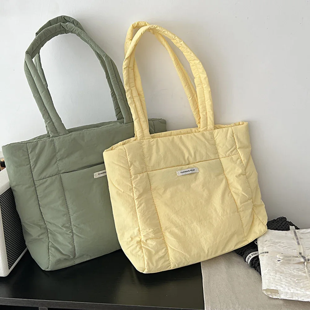 Casual Women Shoulder Bag Winter Cotton Padded Handbag Female Large Capacity Solid Color Top-handle Bag Soft Shopping Tote Bag