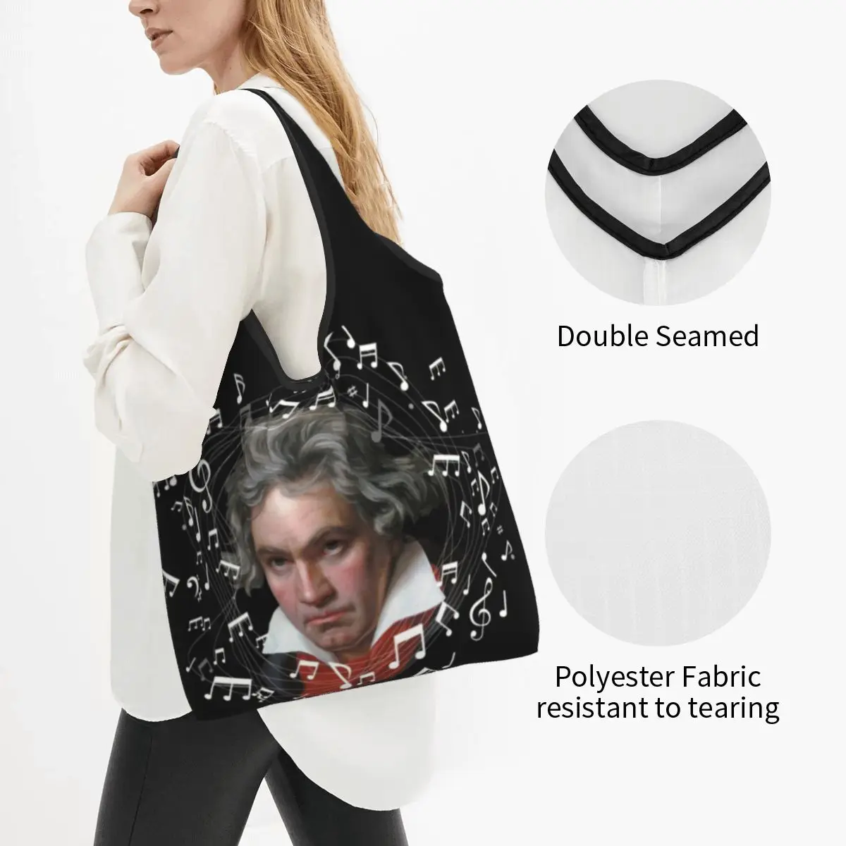 Custom Beethoven With Flying Music Notes Shopping Bags Women Portable Large Capacity Groceries Musician Shopper Tote Bags