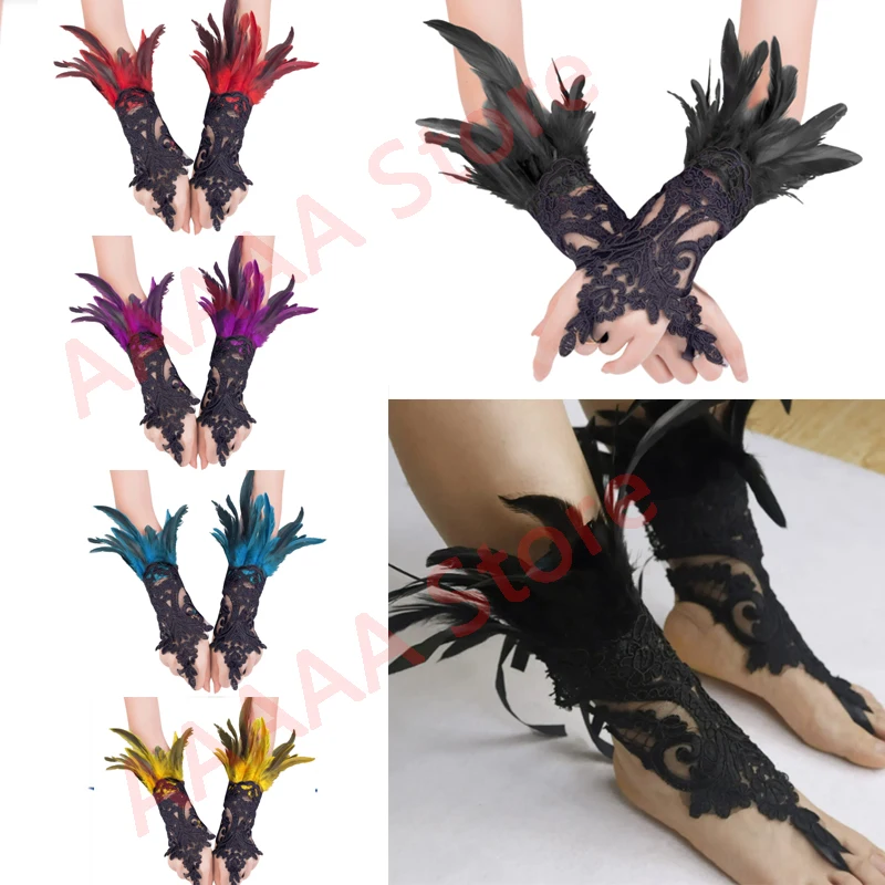 Punk Gothic Gloves Feather Wrist Cuff Carnival Stage Show Showgirl Natural Dyed Rooster Feather Arm Warmer Party Cosplay Costume