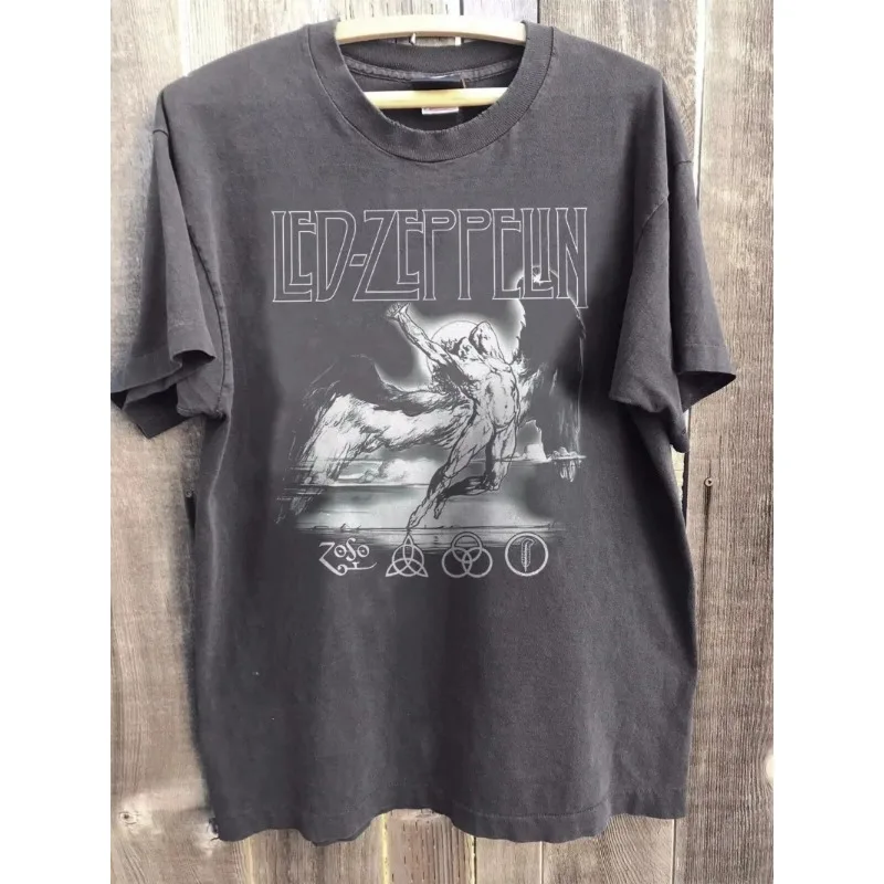 Camisa de carvão vegetal masculina e feminina, camisa de manga curta da banda Led Zeppelin Vtg