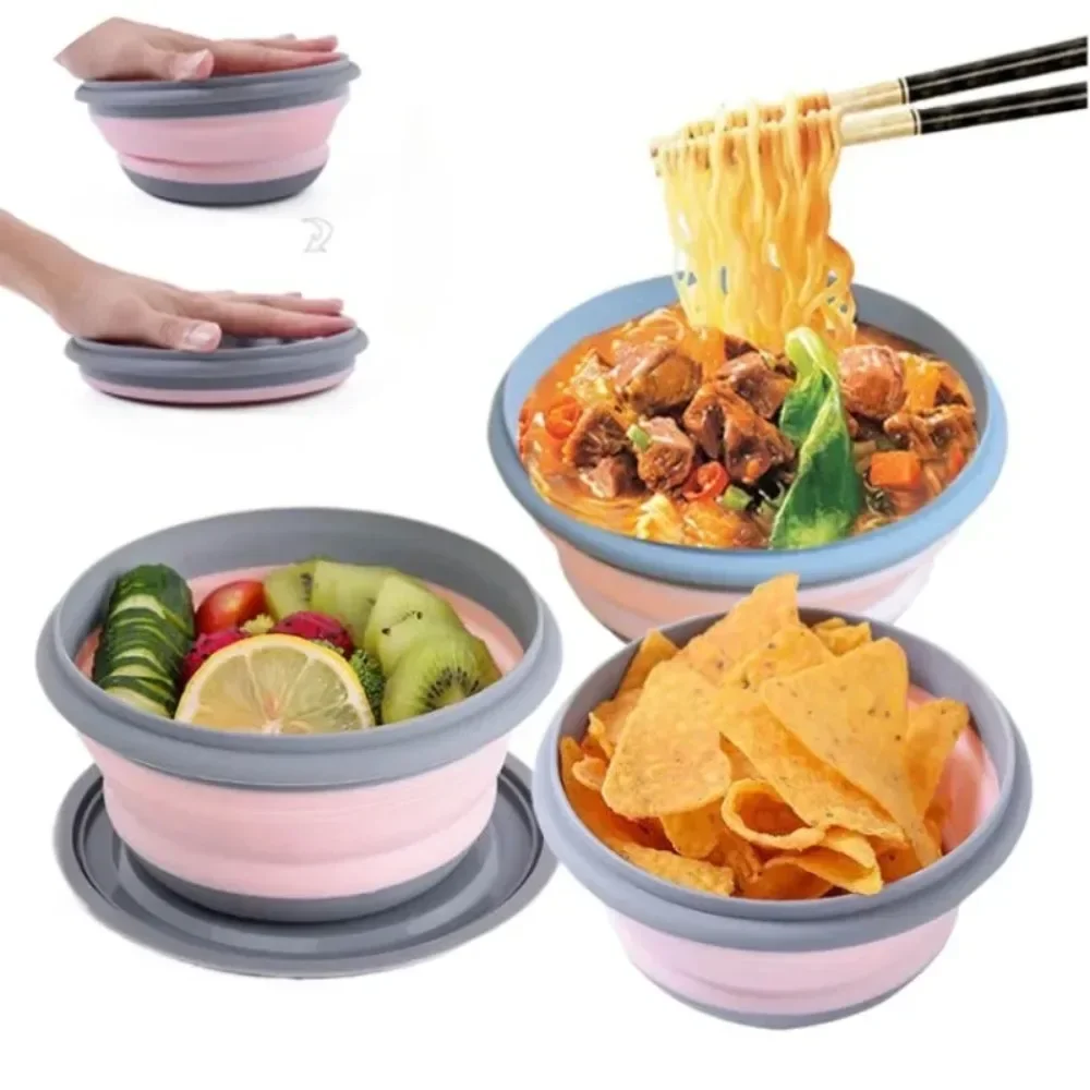 New 3 Pieces  Portable Salad Bowl Sets Outdoor Picnic Supplies And For Travel Silicone Folding Bowls with Lid Foldable Lunch Box