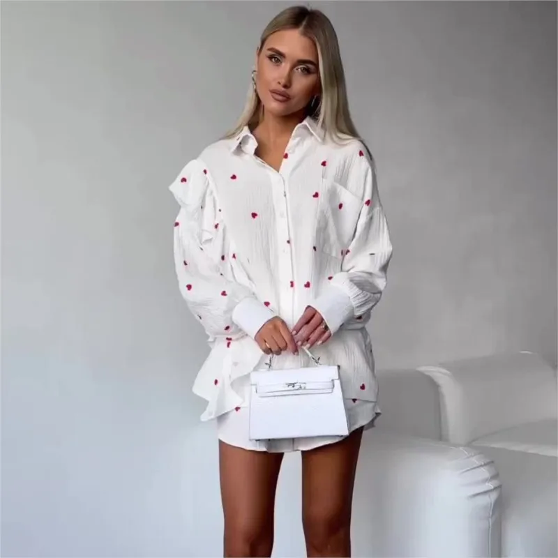 

Women Love Printed Ruffles Cotton Shorts 2 Pieces Set Chic Lapel Long Sleeve Shirt Sets New Elegant Female Outfits Shorts Suit