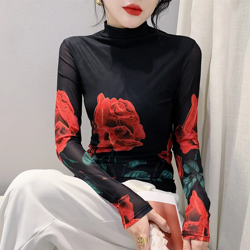 

#8730 Flower Printed Mesh Black T Shirt Women Long Sleeve Thin Turtleneck T Shirt Vintage Sexy Stretch T-shirt Femme Autumn 2023