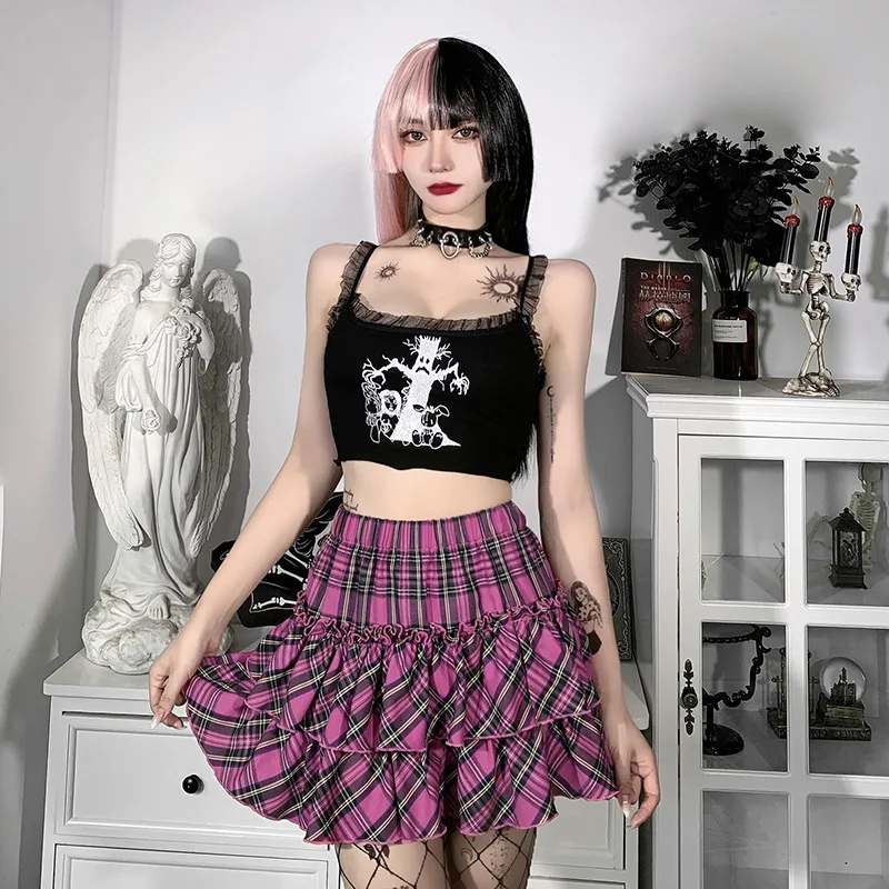 Japanese College Style Youth Girl Plaid Skirt Female High Waist Slim Lolita Cosplay Y2k Skirt Goth Skirt Pink Skirt