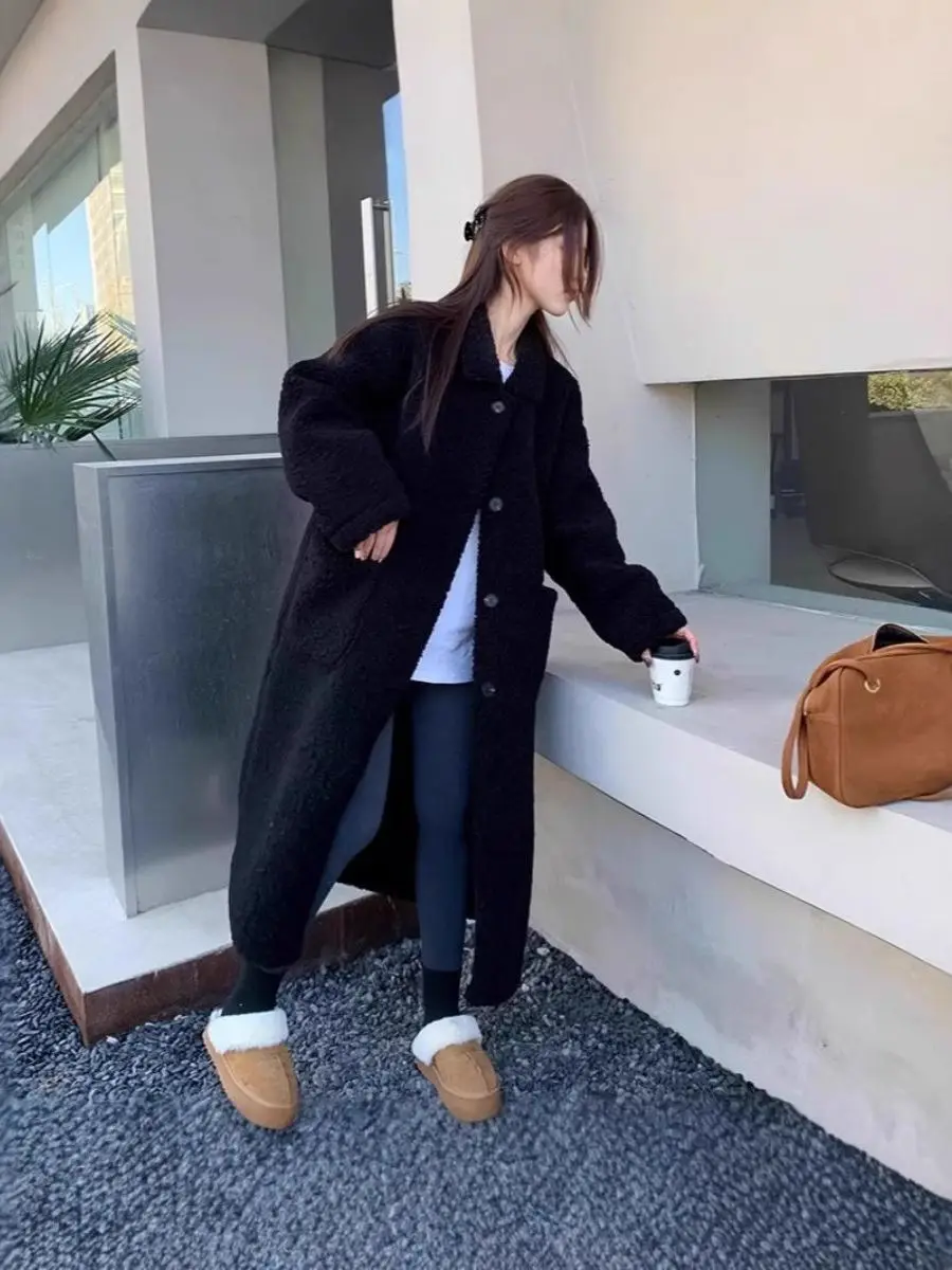 

Женское пальто средней длины из искусственного меха ягненка, теплое, повседневное, свободного кроя, из полиэфирного волокна, с длинными рукавами и застежкой на пуговицы