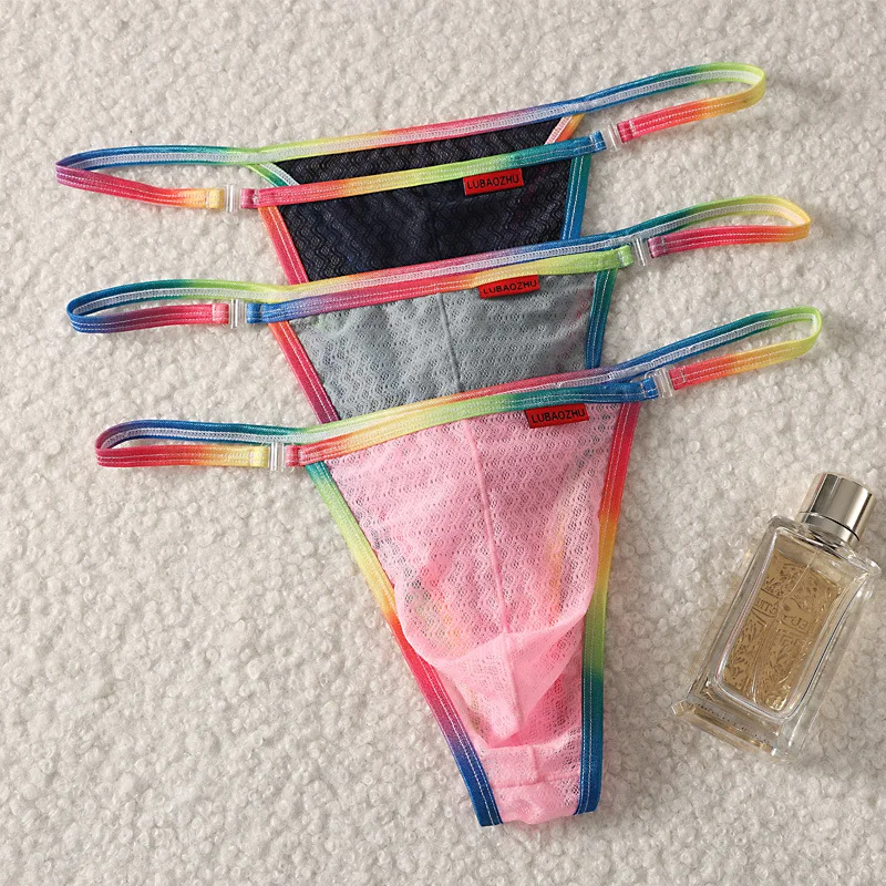 Men's High Elastic Mesh Thong, Rainbow Trim Breathable Ice Silk Pouch T-back Underwear Cross-border Dropshipping Hot Item