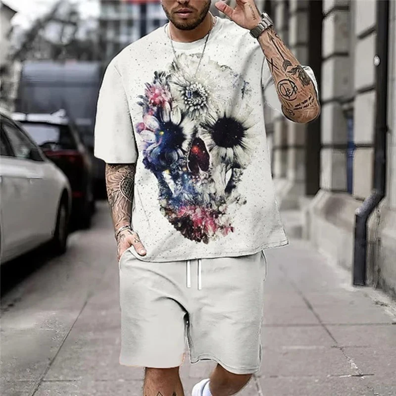 Summer Mens Casual T Shirt Two Piece Set Oversize Short Sleeve O Neck Tops And Shorts Men Suits Fashion Skull Print Male Outfits