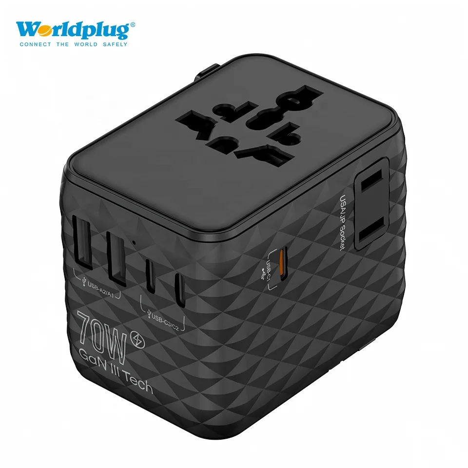 Multi-Plug Travel Charger GaN 70W International Worldwide Universal Travel Adapter for Multiple Devices