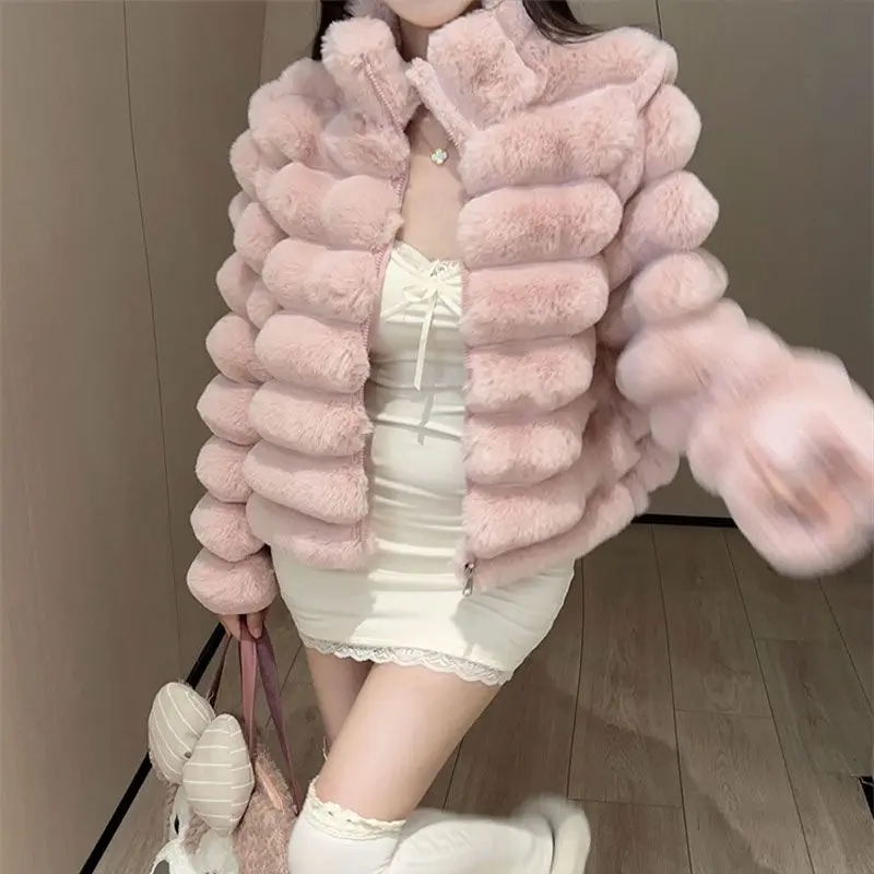 Women Coats Autumn Winter New Fashion Pink Faux Fur Coat Elegant Thick Warm Outerwear Fake Fur Woman Jackets