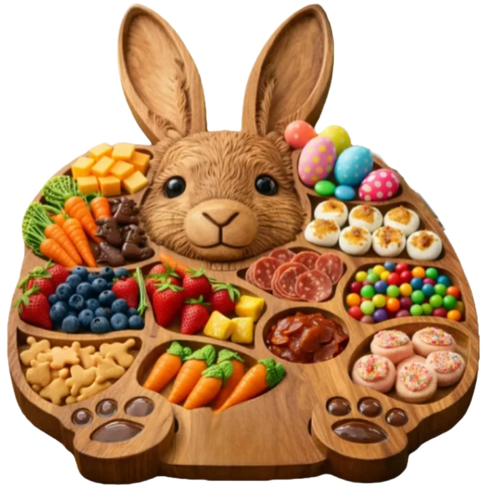 Easter Bunny Shaped Wooden Serving Board for Cheese Meats and Snacks For Holiday Party Decor Rabbit Tray Brown Finish