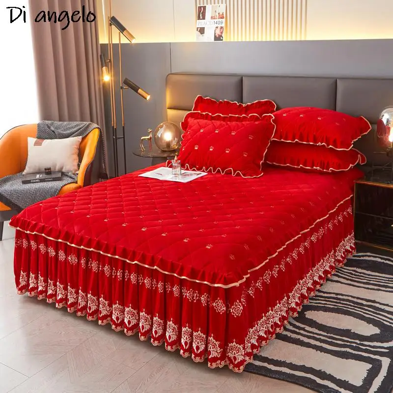 Red Thickened Quilting Bed Skirt, Embroidery, Cotton, Lace Bedspread, Pillowcase, Mattress Cover, Double King, Queen, #/#