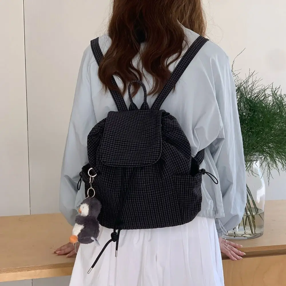 Stylish Solid Color Drawstring Backpacks Canvas Korean Ruched Shoulder Bags Large Capacity Casual Plaid Nylon Backpacks Travel