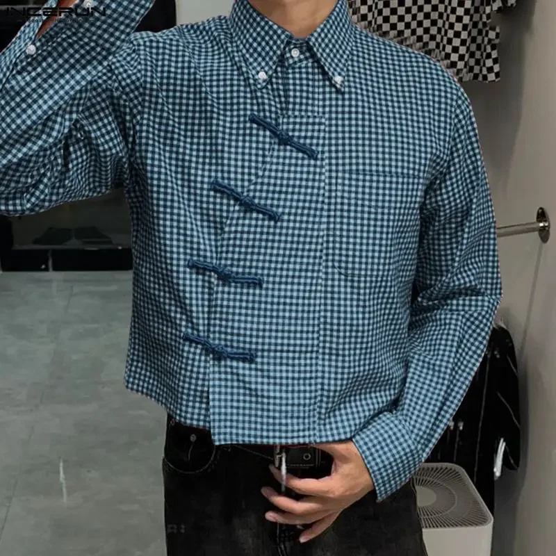 INCERUN Men Plaid Shirt Lapel Long Sleeve Patchwork Loose Men Clothing Streetwear 2026 Spring Fashion Casual Tops Male Shirts