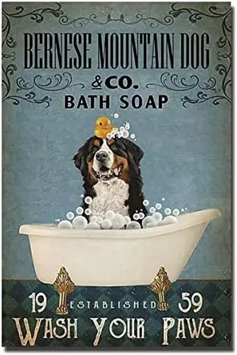 Retro New Metal Tin Sign Bernese Mountain Dog Bath Soap Wash Your Paws Sign Decorations Aluminum for Garden Bathroom Kitche sign