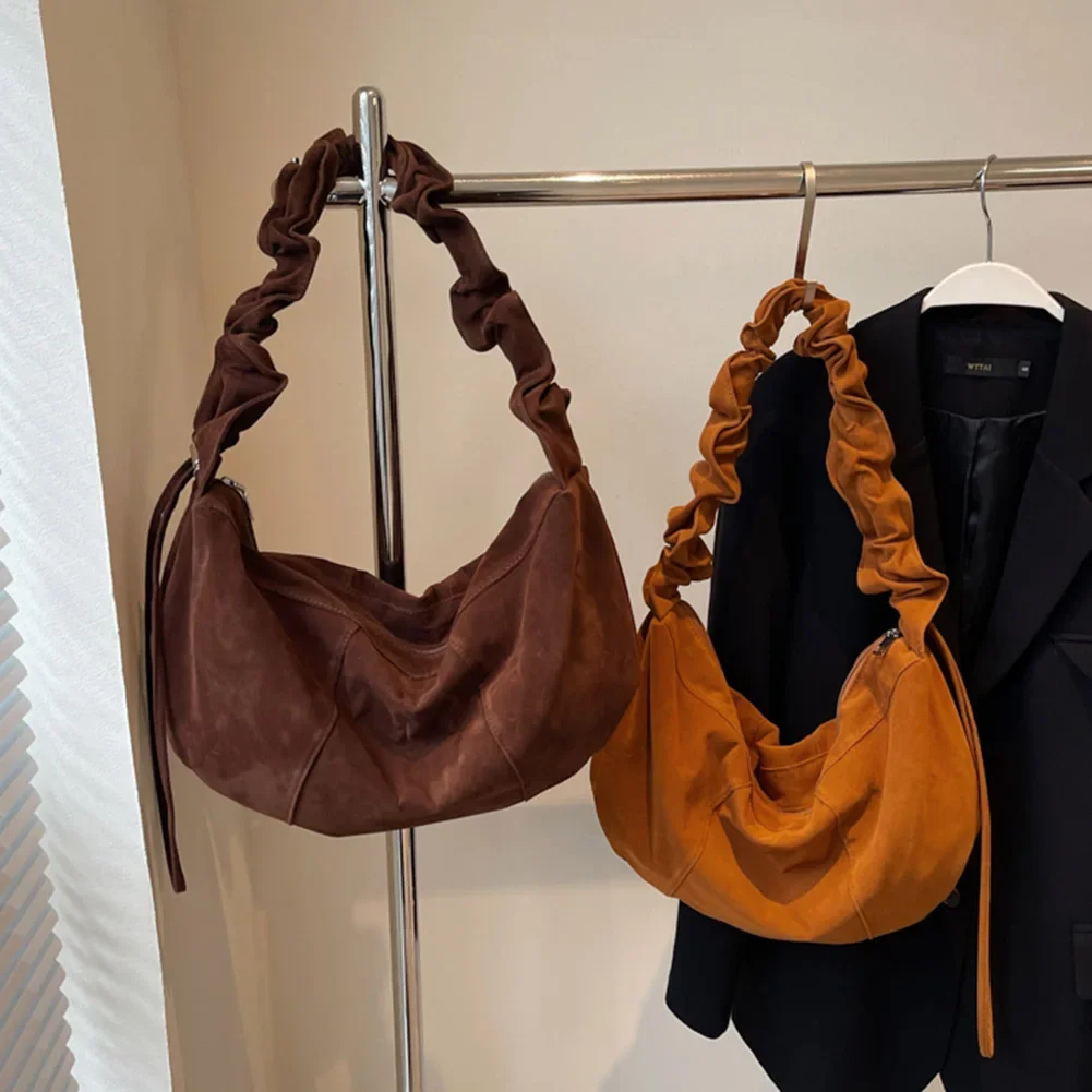 

Women Suede Shoulder Bag Ruched Small Hobo Tote Handbag with Adjustable Strap Crescent Bag Multi-pocket for Work Travel