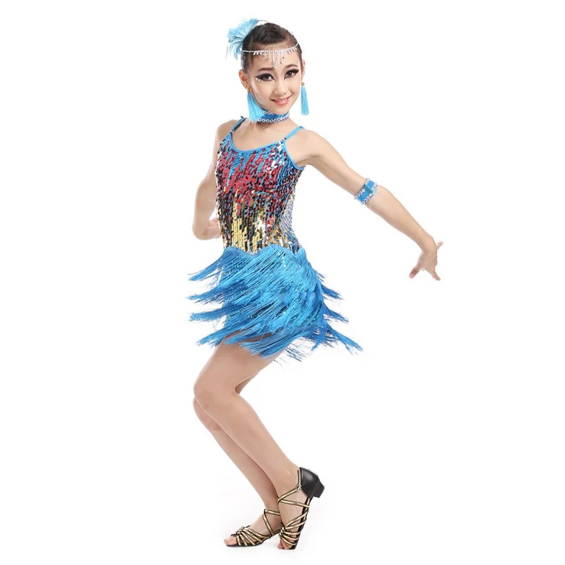 Girls Dance Dress Outfits Sequin Tassel Latin Dress Cha Cha Dress Kids Tango Skirt Carnival Wear Dancewear Latin Salsa Dress