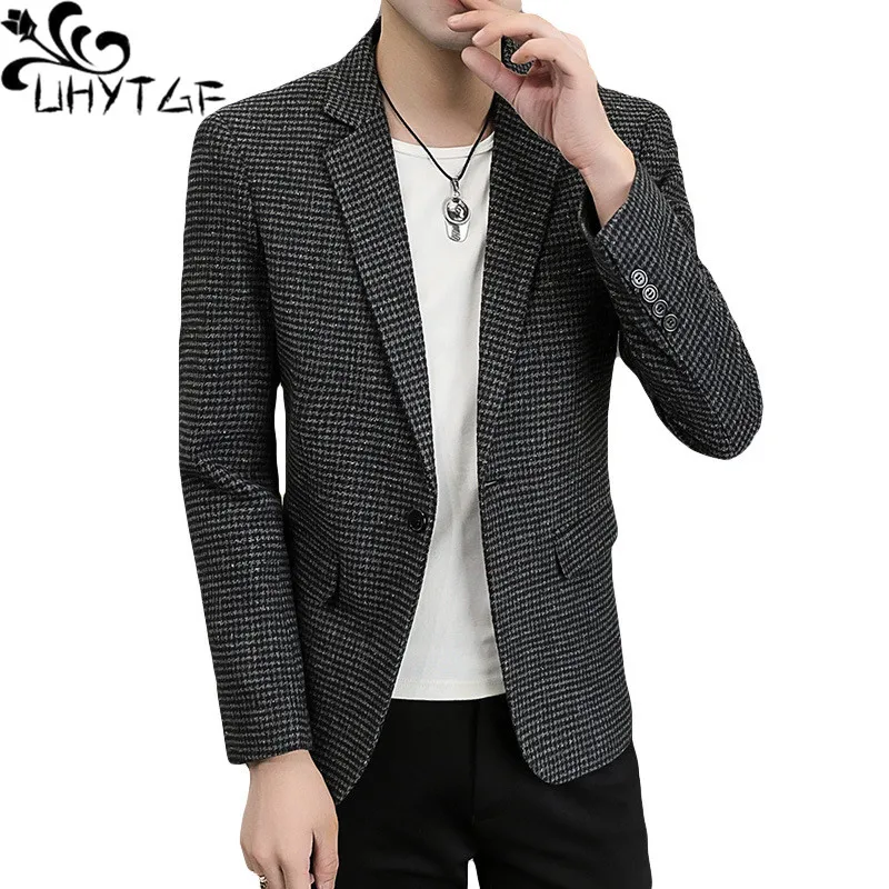 

UHYTGF 2023 Wool Blazers Jacket Male Fashion Plaid Casual Spring Autumn Coat For Men Lapel Slim Men's Outewear Costume Homme 279